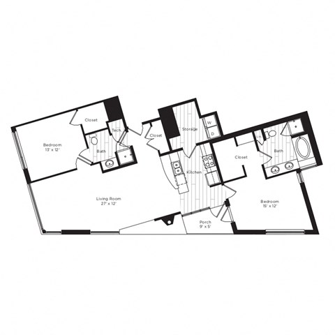 Floor plan for 2 beds, 2 baths, 1374 sqft